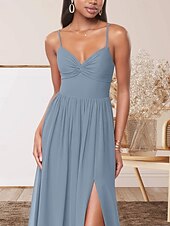 abordables Robes de demoiselle d&#039;honneur-Robe de demoiselle d&#039;honneur trapèze, col en V, sans manches, élégante, longueur au sol, en mousseline extensible avec plis / devant fendu / froncé 2025