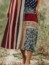 abordables Robe du Jour de l&#039;Indépendance-Robe maxi patriote pour femmes robe en A robe hors épaules vacances décontractée fête rue coupe regular graphique drapeau sans manches col carré col rond rouge bleu