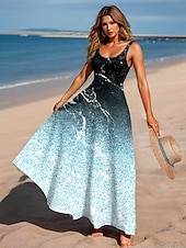 preiswerte Kunst &amp; Design Kleider-Damen Maxikleid A Linie Kleid Schulterfreies Kleid Urlaub Lässig Strand Party Normale Passform Ombre Grafik Marmor Ärmellos Quadrathals Rundausschnitt Hellrosa Eisblau Pfauenblau Sommer Frühling