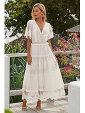 cheap White Lace Dresses-Women&#039;s Maxi long Dress White Dress Lace Dress Holiday Dress Swing Dress Elegant Romantic Boho Vacation Holiday Date Regular Fit Pure Color Short Sleeve V Neck White Summer Spring