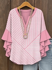 tanie Damskie topy w paski i geometryczne-Damskie Bluzka Graficzny Geometryczny Prążki Zabytkowe Codzienny Elegancki Rękaw 3/4 W serek Zwykłe topy Codzienny Święto Ubrania wakacyjne Falbana Nadruk Czarny Żółty Rumiany róż Niebieski Fioletowy
