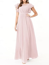 baratos Vestidos para Madrinhas-Vestido de dama de honra em corte A, gola redonda, manga longa, elegante, longo, chiffon com pregas / franzido 2025