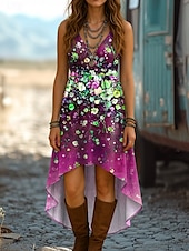 economico Abiti Floreali Stampati-Per donna Abito Midi Abito a trapezio Abito Estivo Casual Boho Uscire Spiaggia Vestibilità regolare Ombre Floreale Grafico Senza Maniche Scollo a V Rosso Blu Viola Verde Estate Primavera