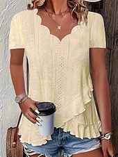 billige Plain t-skjorte-Dame Bluse Helfarge Stilfull Fritid Kortermet V-hals Vanlige topper Daglig Drapering Snørehull Hvit Gul Rosa Blå Grønn Sommer