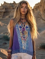 cheap Graphic Tank-Women's Camisole Tank Top Linen Like Breathable Lightweight Floral Graphic Bohemia Daily Retro Vintage Sleeveless Crew Neck Regular Tops Vacation Wear Purple Summer Spring