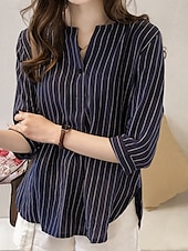 abordables Tops à Rayures et Géométriques pour Femmes-Femmes Chemise Rayé Élégant Occasionnel Manche 3/4 Col ras du cou Hauts Réguliers Quotidien Boutons Imprimé Blanche Rose Claire bleu marine Bleu clair Été