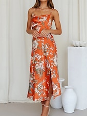 cheap Print Floral Dresses-Women&#039;s Midi Dress Floral Dress Boho Dress Print Dress Fashion Classic Outdoor Vacation Holiday Regular Fit Flower Sleeveless Spaghetti Strap Pink Navy Blue Orange Summer