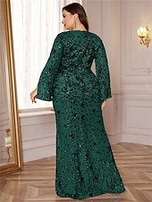 economico VERDE-Abiti Plus Size Sirena  Tromba Elegante Abito Curvilineo Formale Matrimonio Lunghezza Piena a Manica Lunga con Scollatura a V in Paillettes con Paillettes