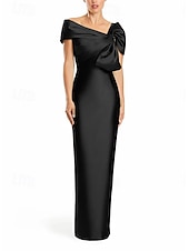 abordables Robes de cocktail-Robe de Soirée Fourreau  Colonne Élégante Robe Formelle Mariage Longueur de Sol Manches Courtes Épaule Dénudée Satin avec Nœud(s)