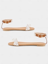 preiswerte Lässig-Weiße Damen-Sandalen mit Knöchelriemen aus Spitze und Blumendetails – offene Brautschuhe mit niedrigem Absatz für eine Hochzeit im Garten oder am Strand