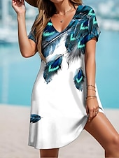 cheap Art&amp;Design Dress-Women&#039;s Mini Dress Casual Dress T Shirt Dress Tee Dress Sundress A Line Dress Vacation Casual Boho Regular Fit Ombre Graphic Feather Short Sleeve V Neck Peacock Blue Summer Spring