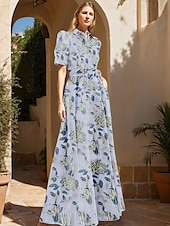 abordables FLORALES-Vestido de Gala A-Line Brocado Vestido de Invitada de Boda Estilo Celebridad Longitud de Suelo Manga Corta Cuello de Camisa Cinturón  Cinta Poliéster con Estampado Floral