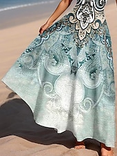 billiga Boho klänningar-Dam Maxiklänning A linjeklänning Off Shoulder Klänning Semester Ledigt Strandstil Fest Strand Normal Grafisk Paisley Bohemisk Ärmlös Fyrkantig hals Rundhals Salvia grön Sommar Vår