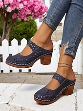 billiga Träskor och tofflor till damer-Damslip-on ihåliga mules med grov klack – vintagesandaler i konstläder, perfekta för avslappnade promenader, brunch i trädgården, konstmässor utomhus och vårresor