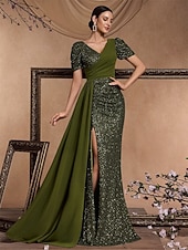 abordables Robes de bal-Robes de Quinceanera A-Line Robe élégante Mariage formel Longueur au sol Manches courtes Col en V Pailletée avec sequins