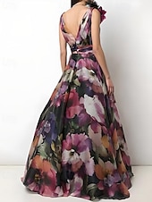 abordables FLORALES-Robe de soirée A-Line élégante robe formelle invitée de mariage longueur sol sans manches décolleté en V en organza avec imprimé floral fleur d&#039;épaule robe invitée de mariage