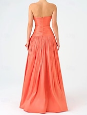 baratos LARANJA-Vestido de Noite A-Line Vestido Elegante Tafetá Casamento Formal Comprimento até o Chão Sem Mangas Sem Alças Chiffon com Laços Detalhes Ruchados