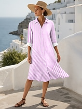 abordables Robe Rayée et Géométrique-Femmes Robe Midi Robe fourreau Occasionnel Date Coupe régulière Graphique Rayé manche longue Col de chemise Rose Claire Bleu Violet Vert Été Automne