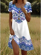 olcso Boho ruhák-Női Mini ruha Pólóruha Nyári ruha Szabadság Alkalmi Boho Alkalmi Normál Grafika Paisley Rövid ujjú V-alakú Sárga Rubin Medence Bíbor Nyár