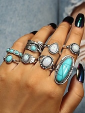 levne Dámské prsteny-Dámská sada prstenů s tyrkysovým vzorem v boho stylu – stohovatelné prsteny z vintage slitiny s akcenty z drahokamů pro westernový styl, festivaly nebo každodenní nošení