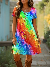 tanie kwiatowa sukienka-Damskie Sukienka mini Sukienka t-shirtowa Sukienka A line Letnie sukienki Codzienny Codzienny Regularny Ombre Graficzny Geometryczny Krótki rękaw Wycięcie pod szyją Niebieski Fioletowy Pomarańczowy