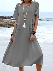 preiswerte Kleider aus Baumwolle und Leinen entwerfen-Damen Midikleid Baumwoll-Leinen-Kleider Freizeitkleid Sommerkleid Klassisch Modern Täglich Wochenende Normale Passform Einfach Kurzarm Rundhalsausschnitt Schwarz Gelb Rosa Königsblau Sommer