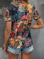 abordables T-shirt Boho-Femmes T-shirt Fleuri Graphique Plantes Bohème ancien Élégant Manche Courte Col ras du cou Col rond Hauts Réguliers Quotidien Sortir Week-end Imprimé Jaune Bleu Violet Vert Été Printemps