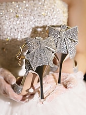 economico sposa-Scarpe da sposa con tacco argento scintillante da donna con fiocco – eleganti scarpe da sposa con punta a punta e cinturino alla caviglia per la sposa