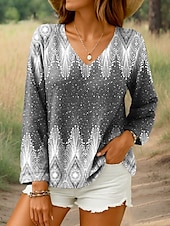 billige Kvinne Boho Topper-Dame Bluse Grafisk Geometrisk Årgang Tropisk Stilfull Langermet V-hals Vanlige topper Daglig Blå Lilla Grønn Grå Sommer Vår
