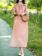 ieftine Rochii-Pentru femei Rochii Midi Rochie din in bumbac Rochie florala Modă Modern Vacanță Zilnic Concediu Fit regulat Floare Manșon Jumate Guler de stand Roz Îmbujorat Albastru piscină Trifoi Caisă Vară