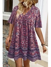 tanie Sukienki kwiatowe-Damskie Sukienka mini Sukienka A line Letnie sukienki Urlop Codzienny Boho Codzienny Święto Regularny W Tureckie Wzory Krótki rękaw W serek Żółty Fioletowy Lato
