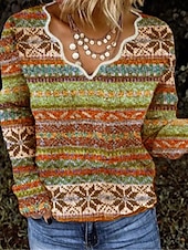 voordelige Boho Tops-Dames Blouse Bloem Modern Boho Lange mouw V-hals Normale tops Feestdagen Uitgaan Afdrukken blauw Paars Oranje Zomer