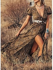 tanie Sukienki boho-Damskie Sukienka maxi Codzienne sukienki Elegancki Dopasowana Nadruk Krótki rękaw W serek Niebieski Fioletowy Brązowy Zielony Lato