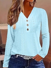abordables T-shirt uni-Femmes Chemisier Couleur Unie ancien Tropical Élégant manche longue Col en V Hauts Réguliers Quotidien Boutons Œillet Blanche Jaune Rose Claire Bleu Été