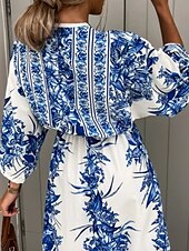 levne Elegantní květinové šaty-Dámské Dlouhé šaty Maxi šaty Swingové šaty Květinové šaty Šaty s potiskem Módní Moderní Venkovní Dovolená Jdeme ven Běžný Květiny 3/4 délka rukávu Do V Vodní modrá Trávová zelená Béžová Léto