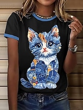 billige Dyrene tee-Dame T skjorte Grafisk Dyr Katt Årgang Stilfull Klassisk Kortermet Crew-hals Rund hals Vanlige topper Daglig Helg Trykt mønster Svart Hvit Blå lysegrå Sommer Vår