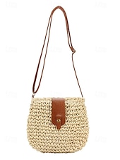 tanie Torby na ramię-damska pleciona słomiana torba typu crossbody ze skórzanym paskiem - szykowna torebka w stylu boho na lato, plażę i niezobowiązujące wyjścia