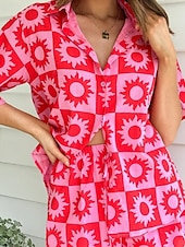 abordables Ensembles-Femmes Mode Streetwear Chemises en coton et lin Ensembles en coton et lin Ensembles de Shorts Manche Courte Col de chemise Impression Imprimé Tenue quotidienne Date Blanche Rose Claire Rouge Été