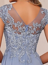cheap Floor Length-Blue Red A-Line Mother of the Bride Dress Elegant Luxurious Boat Neck Floor Length Chiffon Lace Short Sleeve with Tier Cascading Ruffles 2025