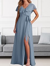 cheap Bridesmaid Dresses-A-Line Bridesmaid Dress V Neck Short Sleeve Elegant Floor Length Chiffon with Sash / Ribbon / Ruffles / Split Front