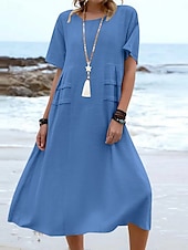 preiswerte Kleider aus Baumwolle und Leinen entwerfen-Damen Midikleid Baumwoll-Leinen-Kleider Freizeitkleid Sommerkleid Klassisch Modern Täglich Wochenende Normale Passform Einfach Kurzarm Rundhalsausschnitt Schwarz Gelb Rosa Königsblau Sommer