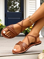 voordelige Platte Sandalen-Bruine sandalen met gevlochten bandjes voor dames – casual open teen sandalen in boho-stijl voor de zomer, voor dagelijks gebruik, strandvakanties en uitstapjes in de buitenlucht