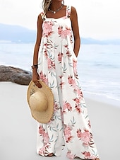 preiswerte lässige Overalls-Damen Jumpsuit Latzhose Streetwear Blumenmuster Ärmellos U-Ausschnitt Taschendruck Alltag Ausgehen Regular Fit Rosa Braun Beige Sommer