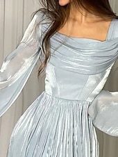 billige BLÅ-Blå A-Line Kjoler Elegant Kjole Formell Semi Formell Bryllup Gulvlengde Lang Utsvingt Erme Firkantet Utringning Glanset Organza med Folder