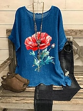 ieftine Topuri florale-Pentru femei Bluză Floral Grafic Boemia Epocă Έθνικ Manșon Jumate Stil Nautic Bateau Topuri obișnuite Zilnic Concediu Ieșire Imprimeu Galben Bleumarin Albastru piscină Vară Primăvară