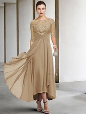voordelige Vloerlengte-A-Lijn Moeder van de Bruid Jurk Bruidsgast Elegant Plus Size Hoog Laag V-Hals Asymmetrisch Enkel Lengte Chiffon Kant Halve Mouw met Beading Applicaties gratis maatwerk