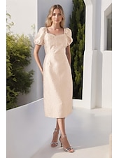 cheap Cocktail Dresses-Sky Blue Jacquard Dress Column Cocktail Dresses Midi Dress Formal Semi Formal Wedding Tea Length Short Sleeve Bubble Sleeve Sweetheart Neckline Wedding Guest Dress