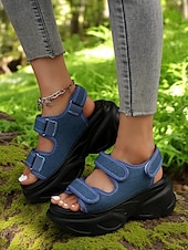 tanie Casual sandały-damskie sandały na grubej platformie z denimu – sportowe buty na koturnie z paskiem na rzep na festiwale i miejski styl uliczny