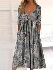 cheap Floral Dress-Women&#039;s Midi Dress Casual Dress Sundress A Line Dress Summer Dress Vacation Casual Beach Holiday Loose Fit Floral Graphic Short Sleeve Crew Neck White Ivory Dark Green Dusty Blue Summer