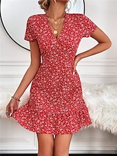 abordables Robes fleuries-Femmes Mini Robe Robe trapèze Occasionnel Extérieur Sortir Coupe Standard Fleuri Manche Courte Col en V Noir Rouge Bleu Abricot Été